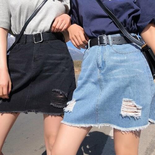 Women Sexy Summer Cool Girls High School Casual Skirts Empire A line New Skirt Blue Do Old Hole Denim Fashion Waist Mini Skirts