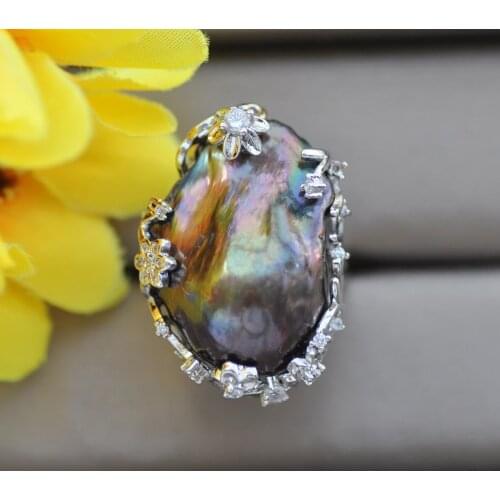 Z10741 Big 30mm Peacock-Black Baroque Keshi Pearl Ring CZ