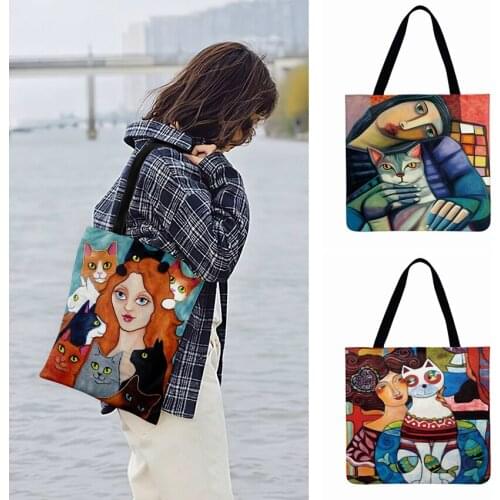 Women Casual Totes Fashion Shopping Bag Woman And Cats Oil Painting Print Tote Bag For Ladies Shoulder Bags Outdoor Beach Bag
