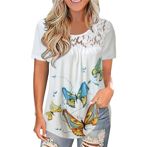 Women Summer Tshirts Elegant Lace Hollow Out Pullover Fashoin Butterfly Print T Shirt Top Comfy Short Sleeve Tees O-neck Tshirt