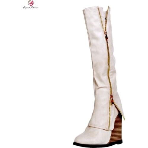Original Intention New Design Women Knee High Boots Round Toe Wedges Heels Boots Elegant Shoes Woman Plus US Size 4-15