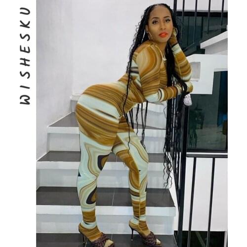 Women Print O Neck Long Sleeve Jumpsuits Sexy Bodycon Pencil Pants Rompers 2021 Fall Harajuku One Piece Playsuits Streetwear
