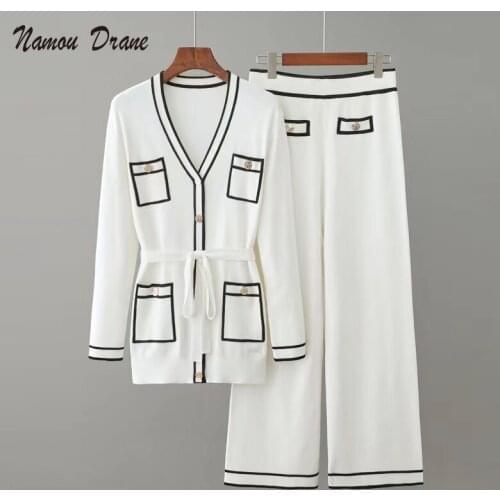 Namou Drane Retro Style 2021 New Early Autumn Mid-length Belt V-neck Sweater + Elastic Waist Wide-leg Pants 2-piece Female Suit