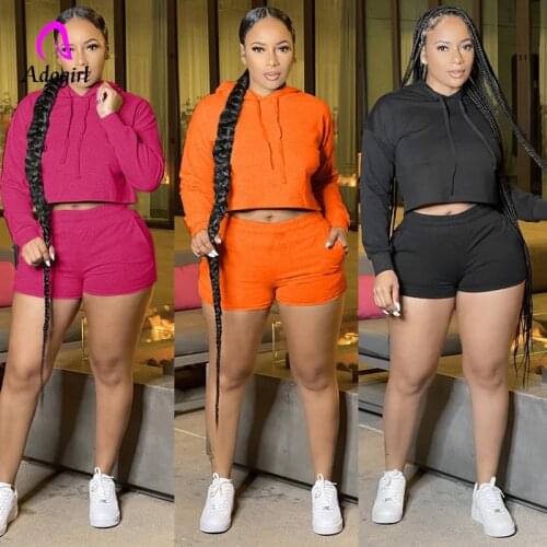 Tracksuit Women 2 Piece Set Solid Long Sleeve Crop Hoodies + Biker Shorts Matching Set 2021 Autumn Fitness Sporty Workout Outfit