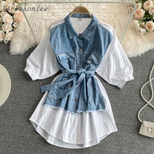 2021 Summer New Korean Woman Denim Patchwork Shirt Dress Loose Short Puff Sleeve Dress Streetwear Casual Female Dress Vestidos