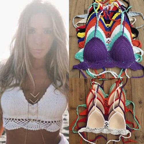 10 Color Hand Crochet Bikini Top Push UP Festival Tassel Crop Top Crochet Swimsuit Beach Clothing