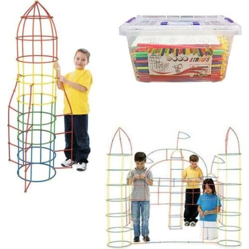 4D DIY Straw Building Blocks Plastic Stitching Inserted Construction Assembled Blocks Bricks Color Early Educational Toys Gift