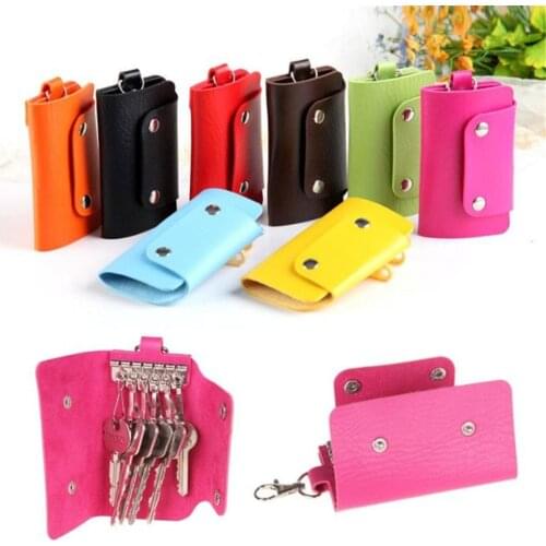 1 PC Portable Leather Housekeeper Holders Car Keychain Key Holder Bag Case Unisex Wallet Cover Simple Solid Color Storage Bag