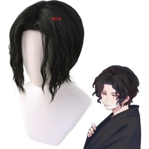 Demon Slayer Kimetsu no Yaiba Kibutsuji Muzan Black Short Curly Wig Cosplay Costume Men Women Heat Resistant Synthetic Hair