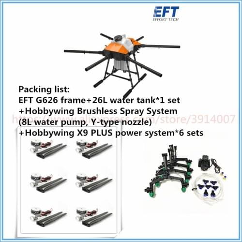 EFT new G626 6-axis 26L 25kg agricultural spray drone frame kit brushless water pump with Hobb ywing X9 PLUS power system UAV