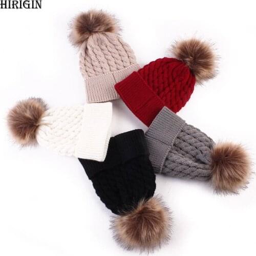 HIRIGIN Newborn Baby Girls Boys Winter Warmer Wool Fur Kids Cap Pompom Ball Knitted Hat Beanies
