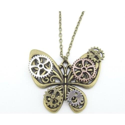 Hot Sale Pretty Butterfly with Gears Wings DIY Women`s Steampunk Pendant Necklace in Vintage Colors