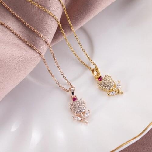 Fashion tulips Crystal Pendant Necklace For Women Girls High Grade Flower Charms Stainless steel Choker Jewelry Gifts