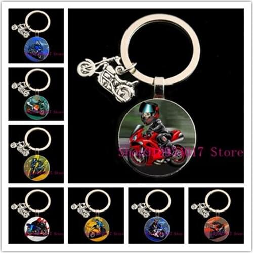 Fashion men and women cool motorcycle round glass keychain motorcycle pendant alloy keychain car handmade DIY jewelry keychain