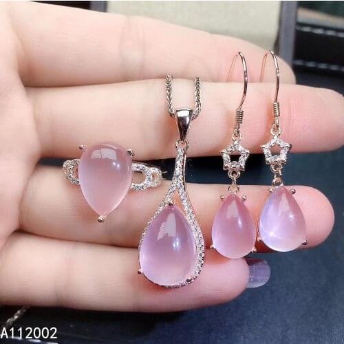 KJJEAXCMY fine jewelry natural Rose Quartz 925 sterling silver women pendant necklace ring earrings set support test elegant