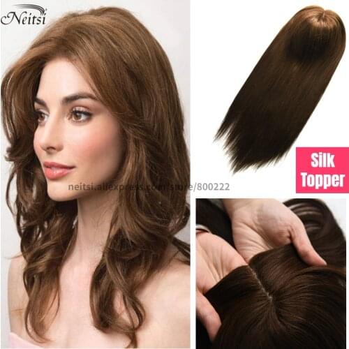 Neitsi 16 Inch 6*6" Virgin Human Hair Topper Wigs For Women Mono Net + PU Base With 3 Clips In Remy Hairpiece Natural Color