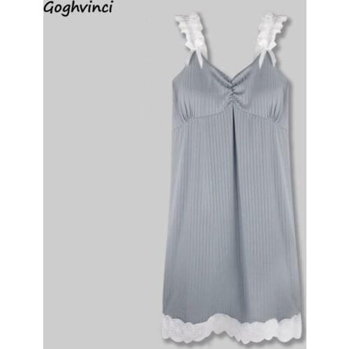 Nightgowns Women Fairy Spaghetti Striped Sleepwear Lace Feminino V-neck Mid-calf Nightdress Comfort Summer Preppy Homewear Chic