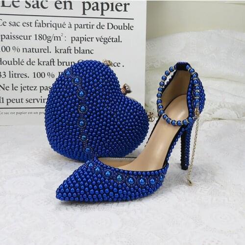 BaoYaFang 2020 new Arrive wedding shoes with matching bags High Heeled Heart purse royal blue pearl party shoes and bags