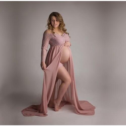 Dusty Pink Long Chiffon Maternity Photography Dress Sweet Heart Maternity Lace Dresses For Photo Shoot Slit Open Pregnancy Dress