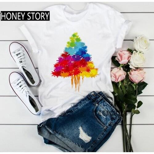 All Seasons Suitable Women T-shirt New Year Merry Christmas Cartoon Tree Fashion Shirt Girls Casual Cotton Short Sleeve Tops Tee