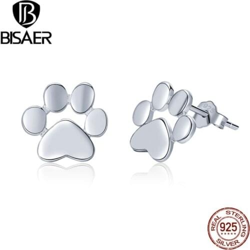 BISAER 3 Colors 925 Sterling Silver Dog Footprints Earrings Dog Footmark Small Stud Earrings for Women Fashion Earrings Jewelry