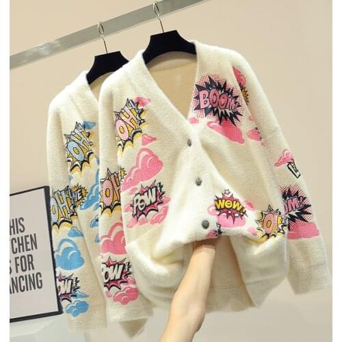 Korean Style Cardigan Sweater Female Chic Thickening Warm V-Neck Letter Jacquard Knitting Jacket Student Winter Loose