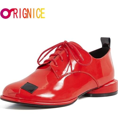 Orignice Fashion Mixed Color Women Patent Leather Pumps Round Toe Lace Up Low Thick Heels Plus Size 34-43 Handmade For Ladies