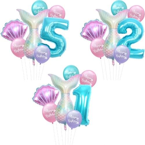 7Pcs/Set Happy Birthday Balloons Mermaid Shells Number Balloons Baby Shower Party Decorations Aluminum Foil Ball Helium Globos