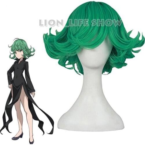 Green Tatsumaki Cosplay Wigs Short Wavy Heat Resistant Synthetic Hair Perucas Cosplay Full Wig