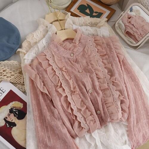 Womens clothes summer new style lace lace shirt stand-up collar lantern sleeve long-sleeved chiffon top camisas mujer