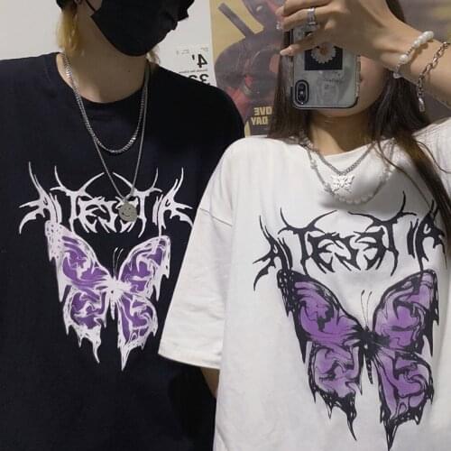 Harajuku Women Shirt Summer butterfly Print Hip Hop Loose tops plus size punk black and white wild vintage dropshipping clothes