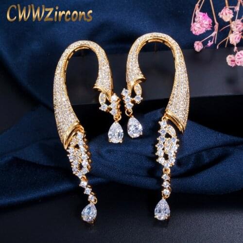 CWWZircons Dubai Gold Color Women Wedding Party Jewelry Long Dangling Drop African Cubic Zirconia Golden Earring for Women CZ449