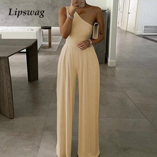 Women Sexy One Shoulder Solid Jumpsuit 2021 Summer Elegant Wide Leg Pants Playsuit Ladies Sleeveless Loose Beach Overalls Romper