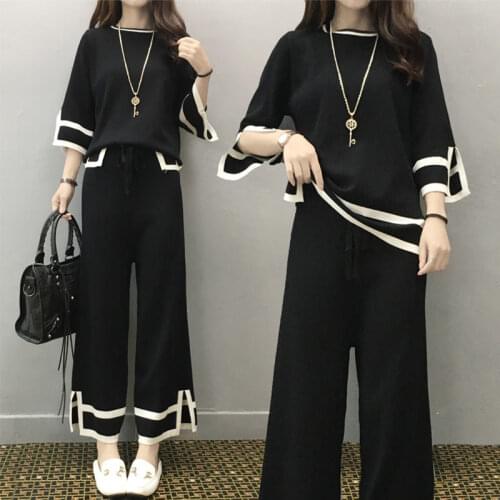 Spring Autumn Knitted Two Piece Set Women Outfit Long Sleeve Pullover Top Wide Leg Long Pants 2 Piece Set Women Tracksuit Y422