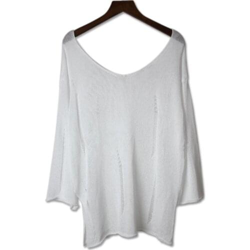 Womens Loose Hole Sweater Hollow out Loose Knitted V neck three Quarter Sleeve Solid Sweater Tops