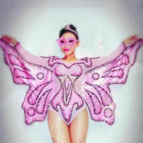 Pink Full Diamond Butterfly Wings Bodysuit Girls Princess Dress Model Catwalk Costume Female Stage Suit Festival Outfit XS2529