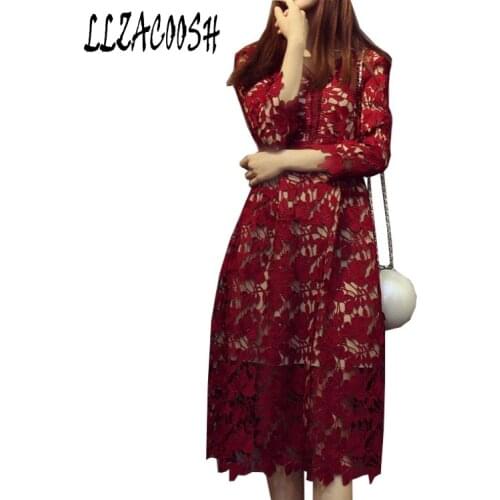 Self Portrait 2018 ladies summer dress white/red/wine red /violet lace crochet dress hollow out v-neck elegant dress