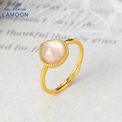 LAMOON 925 Silver Rings For Women Cute Peach Shape White Crystal Pink Shell 14K Gold Plated Ring Fine Jewelry Japan LMRI098