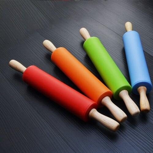 1pc Silicone Rolling Pin Pastry Dough Flour Roller Non-Stick Wooden Handle Kitchen Baking Cooking Tools Christmas Rolling Pin