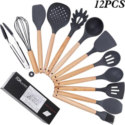 12 Pcs Silicone Cooking Tools Kitchen Utensils Set Wooden Handle Kitchenware Non-stick Pot Spoon Spatula Healthy Kitchen Tools