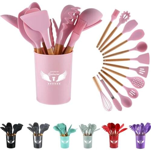 12pcs Silicone Kitchenware Cooking Utensils Set Non-stick Cookware Spatula Shovel Egg Beaters Wooden Handle Kitchen Cooking Tool