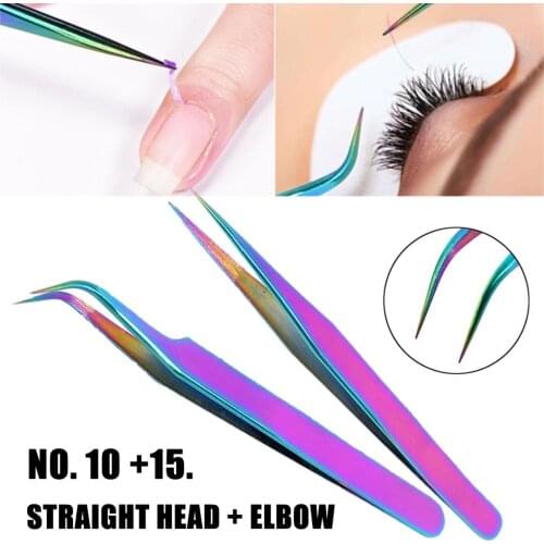 2PCS Stainless Eyebrow Tweezer Straight + Curved Precision Tweezer for Makeup Eyelash Flower Extensions Tweezers