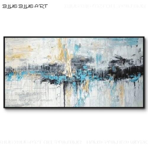Free Shipping Hand-painted High Quality Modern Abstract Mainly Blue Oil Painting on Canvas Abstract White and Blue Oil Painting