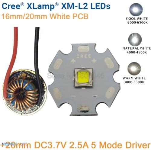 Cree XM-L2 T6 10W Cool White Neutral White Warm White LED Emitter 16mm / 20mm White PCB + 20mm 5 Modes Dimmable XML T6 Driver