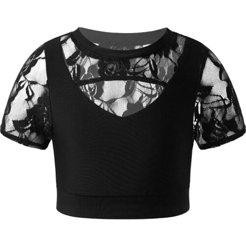 Kids Girls Ballet Dance Crop Tops Summer Short Sleeve Shirt Hollow Out See Through Embroidered Lace Dancewear Running Sport Top