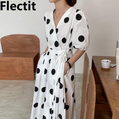 Flecti Women Polka Dot Wrap Dress With Pocket Tie Waist V-Neck Short Sleeve Casual Maxi Dress Vacation Beach Sundress