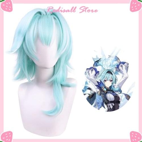 Genshin Impact Eula Wig Cosplay Light Blue Mixed White Synthetic Short Straight Heat Resistant Hair Adult Women Free Wig Cap
