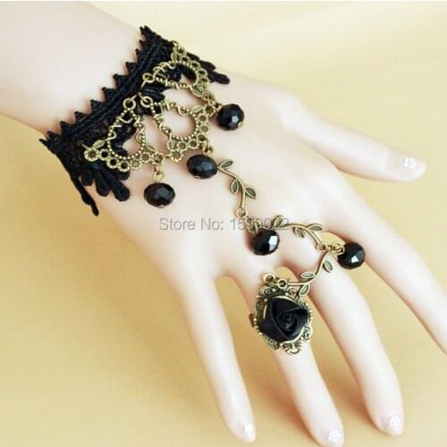 Gothic Chic Black Ribbon Rose Lace Woman Bracelet and Bangles Female Teenager Evening Ball Antique Bronze Leaf Hand Accessories