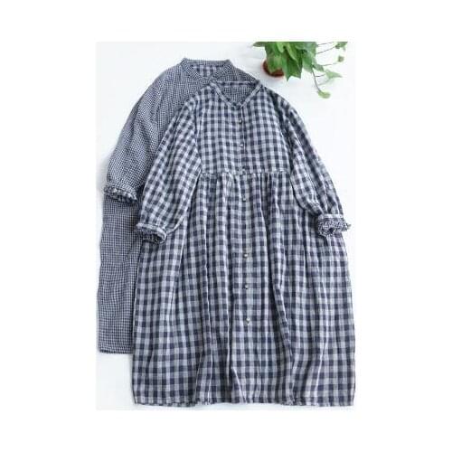 Cotton double-layer stand collar dress Loose forest long-sleeved womens dress literary Japanese autumn style 2021006
