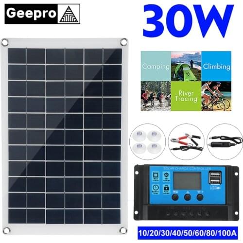 30W Solar Panel Kit Complete 12V USB With 10/30/60A Controller Solar Cells for Car Capming Yacht RV Moblie Phone Battery Charger